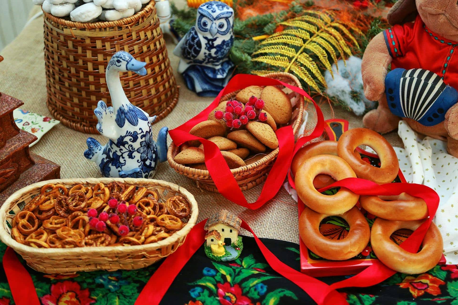 Pretzels, cookies and baranki on a table